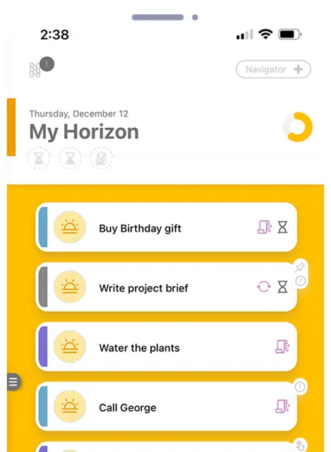 NoPlex My Horizon screen showing today's chosen tasks