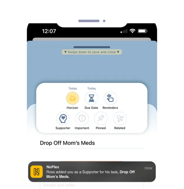 NoPlex task detail screen with Supporter and reminder options