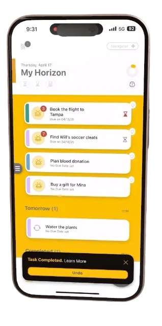 The NoPlex app showing a My Horizon screen of prioritized daily tasks
