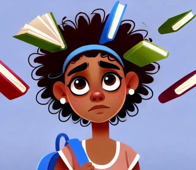 An illustrated teen looking overwhelmed, surrounded by floating schoolbooks
